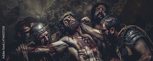 Depiction of Roman soldiers jeering and beating Jesus, illustrating the harsh treatment he faced prior to crucifixion. photo