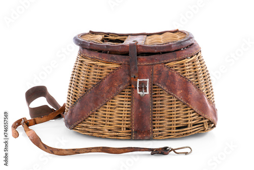 Woven vintage fishing creel basket with leather straps