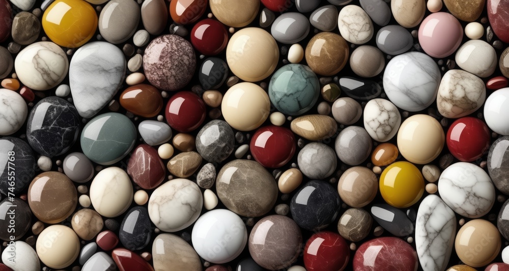 A mosaic of nature's artistry - A collection of diverse, polished stones A mosaic of nature's artistry - A collection of diverse, polished stones