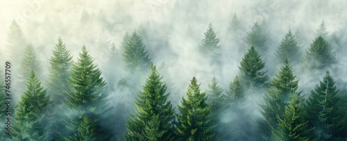 Captured from above, a mist-shrouded forest adorned with pine trees forms a foggy and atmospheric nature background.