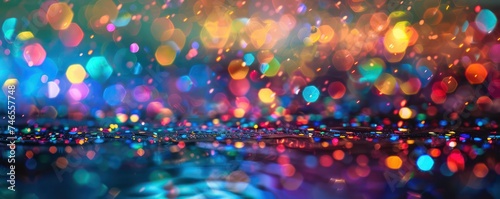 Multicolor bokeh, blurred lights, rainbow confetti, city night.