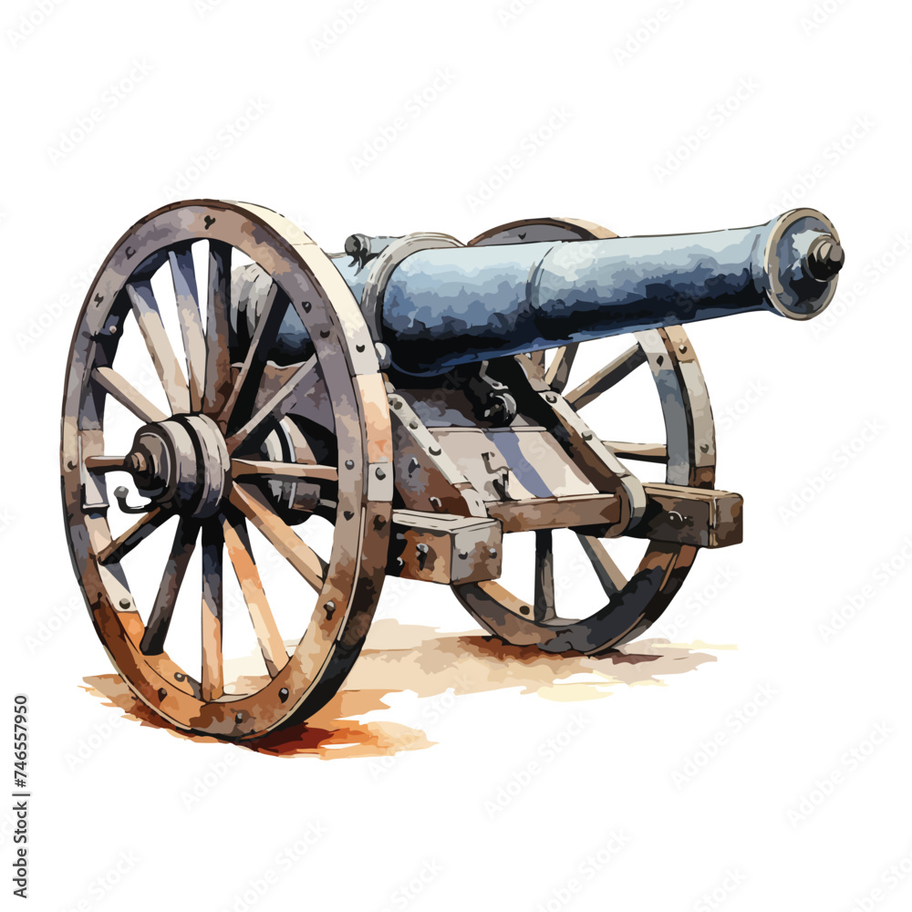 Watercolor Civil War Cannon Clipart  Isolated on White
