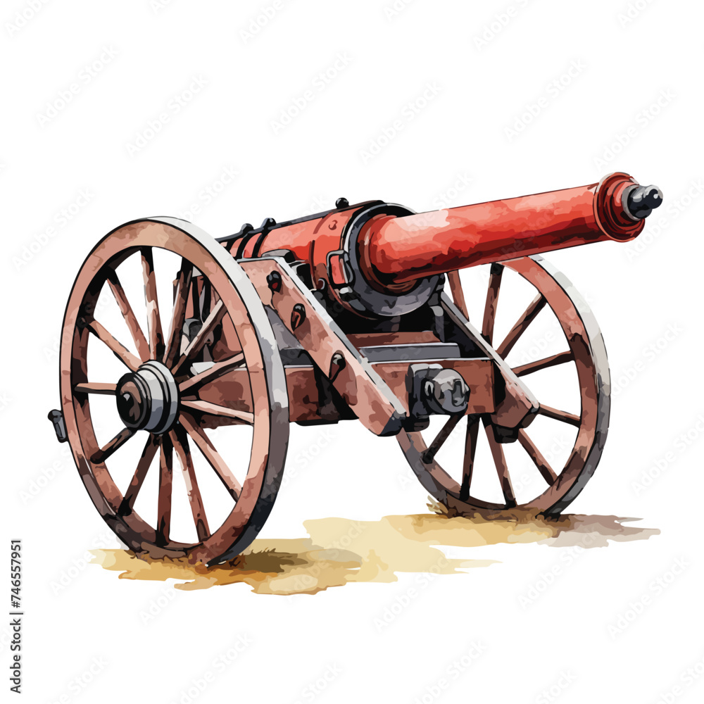 Watercolor Civil War Cannon Clipart  Isolated on White