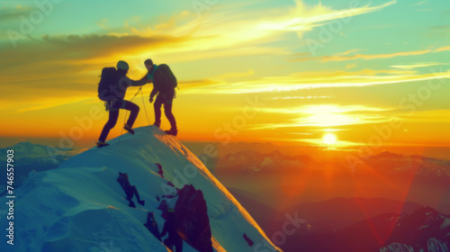 silhouette climbers manage to ascend to the summit a mountain sunset after hard teamwork reaping the rewards collaboration to achieve common goals and accomplishments  attaining success through effort