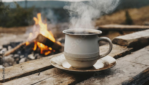 Close up cup of hot coffee and saucer sitting on old log by outdoor campfire. Tourism recreation outside