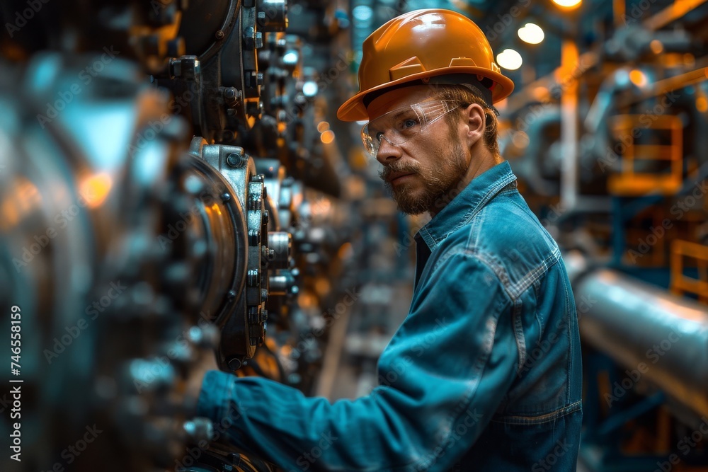 A man in safety gear is focused on adjusting complex machinery in an industrial setting