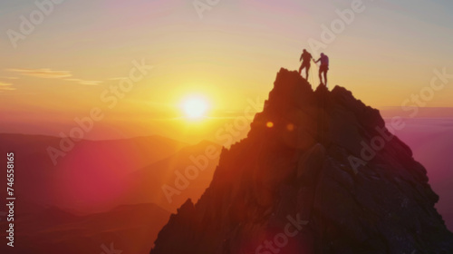 silhouette climbers manage to ascend to the summit a mountain sunset after hard teamwork reaping the rewards collaboration to achieve common goals and accomplishments  attaining success through effort
