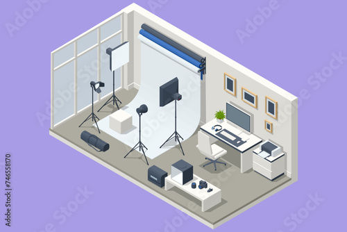 Isometric Modern photo studio with professional equipment. digital photo camera in photo studio with lighting equipment and softbox
