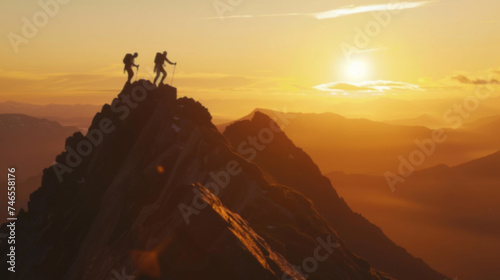 silhouette climbers manage to ascend to the summit a mountain sunset after hard teamwork,reaping the rewards collaboration to achieve common goals and accomplishments, attaining success through effort © ND STOCK