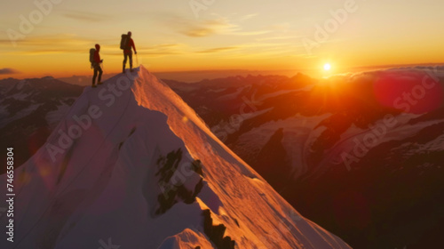 silhouette climbers manage to ascend to the summit a mountain sunset after hard teamwork,reaping the rewards collaboration to achieve common goals and accomplishments, attaining success through effort © ND STOCK