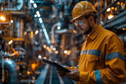 An industrial worker in a yellow hard hat using a digital tablet to monitor factory processes and machinery