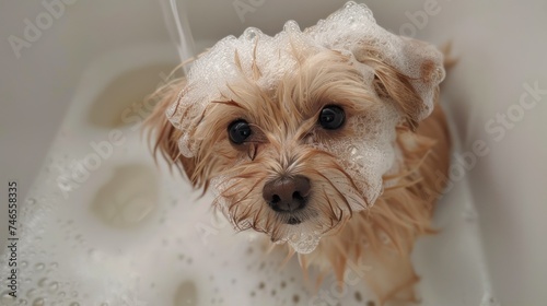 Adorable Yorkie Getting a Shower at Home. A wet Yorkshire Terrier looks up during a shower, its face framed by a lather of soap bubbles against a white bathtub background.