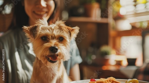 Happy Dog with Owner Smiling in Kitchen. A joyful Yorkshire Terrier poses in a sunny kitchen setting with its smiling owner, exuding a warm, friendly atmosphere. © auc