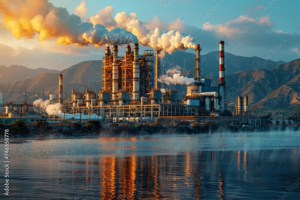 An industrial refinery complex with smokestacks set against a mountain backdrop illuminated by the warm glow of the setting sun reflects on water