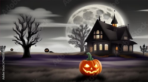 Halloween Night with Pumpkins, Bats, and Haunted House Silhouette photo
