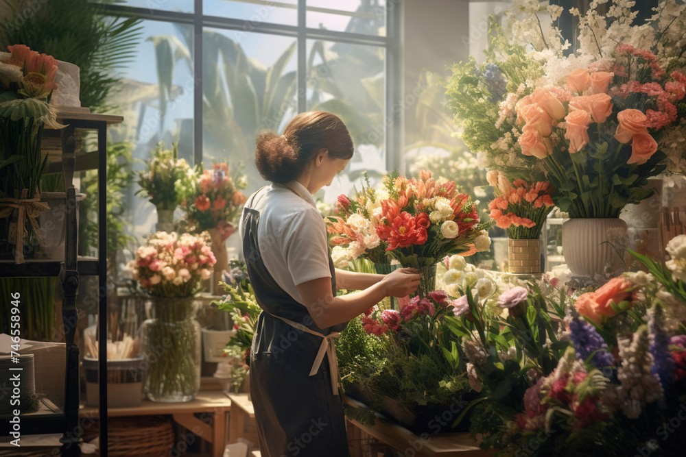 Florist woman and man, in flower shop or florist shop. Floristics, bouquet of flowers, plant, blooming, flowering, blossom and bloom