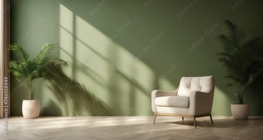 Fototapeta premium Elegant indoor setting with modern chair and tropical plants