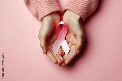 Woman hands holding pink ribbon on pink background. Top view, with copy space for text. Breast cancer awareness.