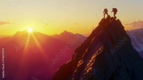 silhouette climbers manage to ascend to the summit a mountain sunset after hard teamwork,reaping the rewards collaboration to achieve common goals and accomplishments, attaining success through effort