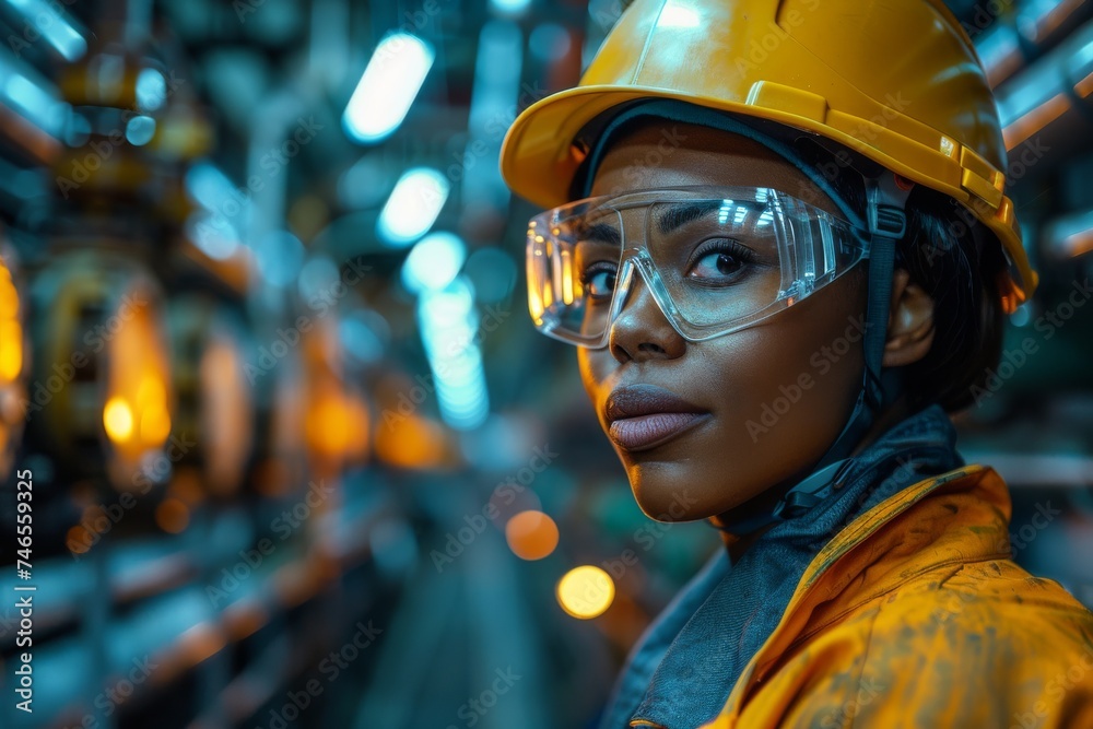 A female engineer in safety helmet and goggles stands confidently in an industrial facility A female engineer in safety helmet and goggles stands confidently in an industrial facility