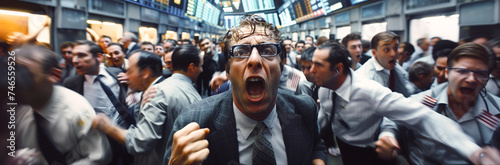 a busy pit of a stock exchange, traders everywhere, yelling to sell stocks photo