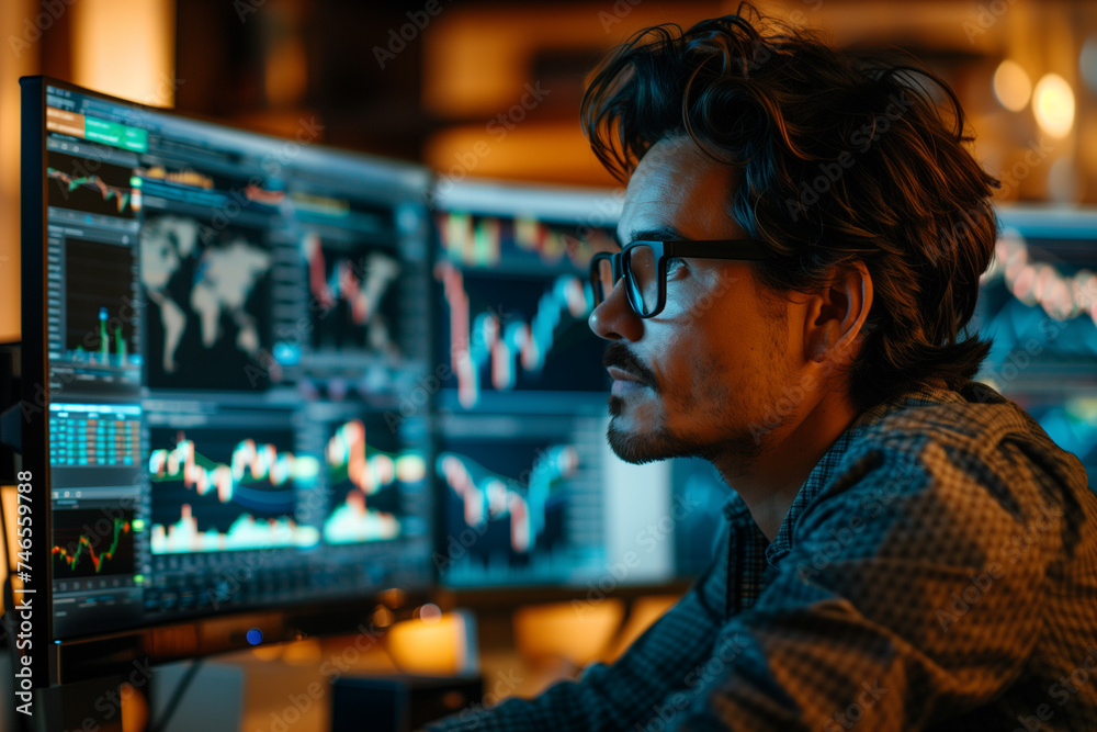 Professional investors looking up at the screens on Wall Street on a crowded trading floor