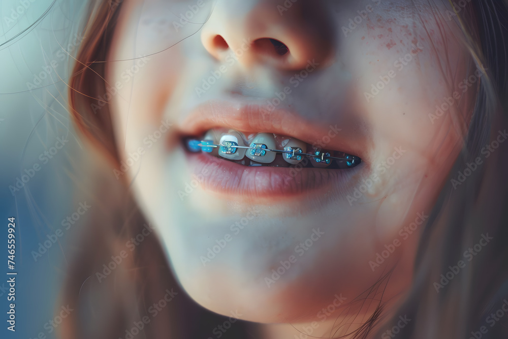 Closeup of smiling kid mouth with dental braces Closeup of smiling kid mouth with dental braces