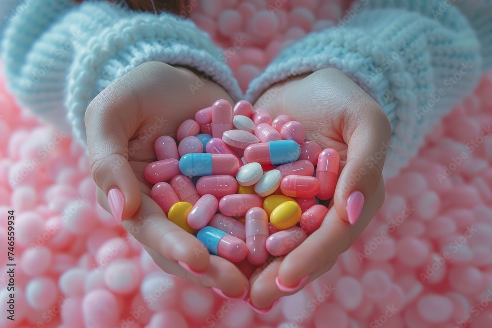 A woman with a glass of water in one hand and a pill in the other, light white style, selective focus A woman with a glass of water in one hand and a pill in the other, light white style, selective focus