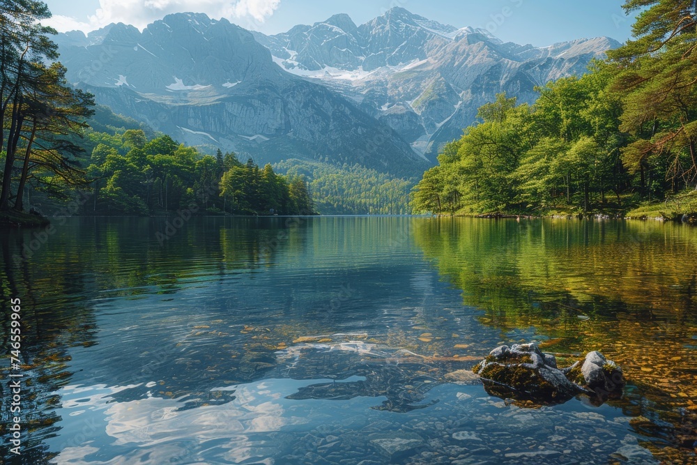 A calm, crystal-clear mountain lake surrounded by lush greenery and rugged mountain peaks reflecting in the water