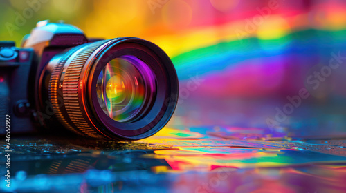 DSLR camera with lens reflecting colorful lights on wet surface. Photography equipment concept. Creative background for design and technology themes.