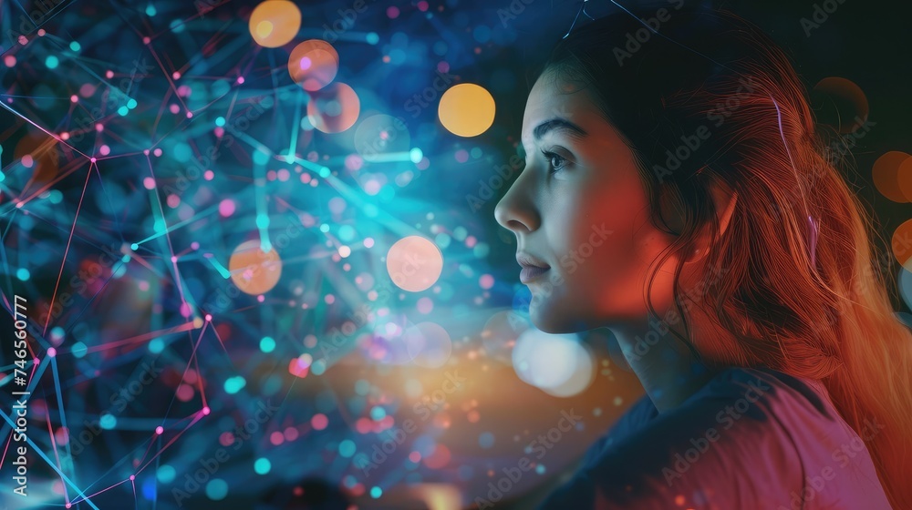 Digital technology, internet network connection, big data, digital marketing things. Woman using modern computer surfing internet futuristic metaverse, innovative technology background Digital technology, internet network connection, big data, digital marketing things. Woman using modern computer surfing internet futuristic metaverse, innovative technology background