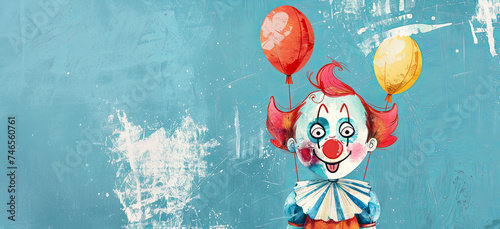 April fool's day. Holiday banner with a cheerful clown and baloons. Watercolor illustration. photo