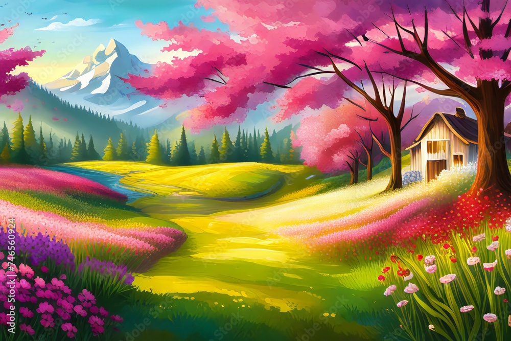 background style beautiful spring day with trees and mountains and flowers.
