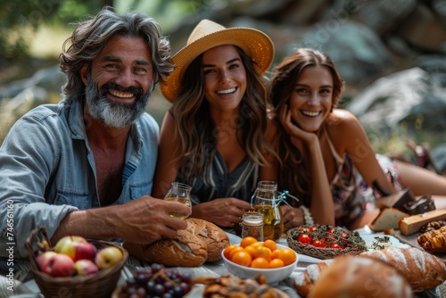 Cheerful people sharing a picnic with fresh food and drinks in a scenic outdoor setting