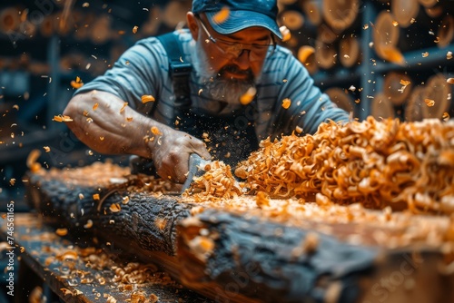 A dynamic image showcasing a woodworker intensely carving wood with shavings flying around, omitting his face