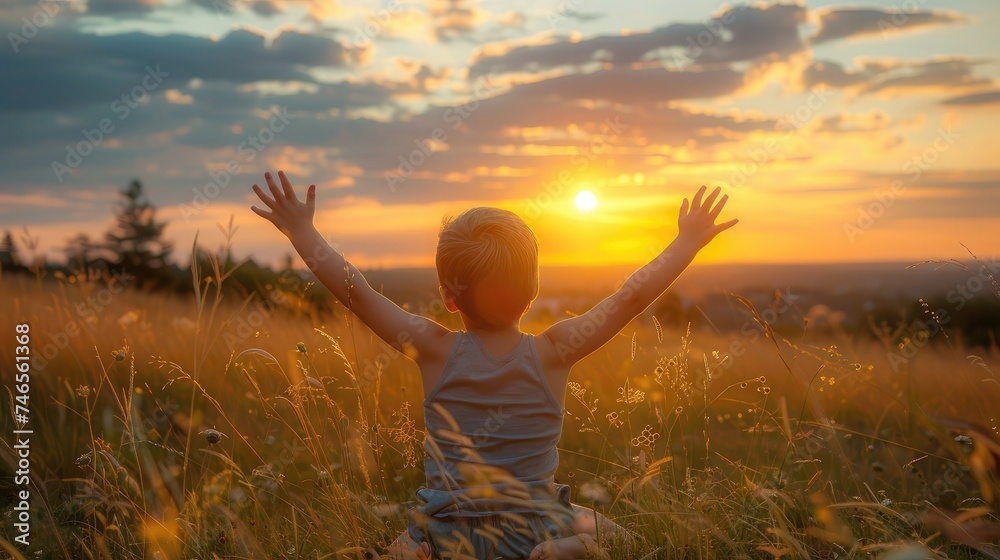 Little boy raising hands over sunset sky, enjoying life and nature. Happy Kid on summer field looking on sun. Silhouette of male child in sunlight rays. Fresh air, environment concept. Dream of flying Little boy raising hands over sunset sky, enjoying life and nature. Happy Kid on summer field looking on sun. Silhouette of male child in sunlight rays. Fresh air, environment concept. Dream of flying