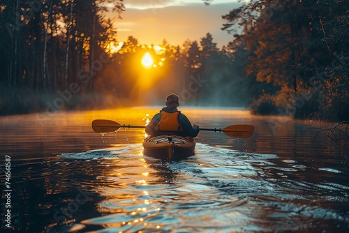 A tranquil kayaking scene capturing the adventurer's journey through calm waters as the sun sets, evoking a sense of peace