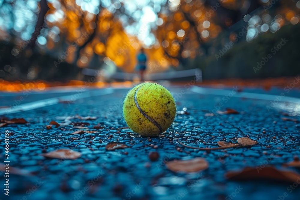 A close-up image showing a tennis ball lying on a vibrant tennis court with blurred runner in the distance, amidst an autumnal setting