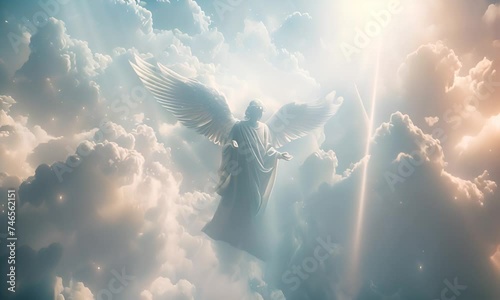 Angel in the clouds with outstretched wings. The concept of heavenly peace and freedom. photo