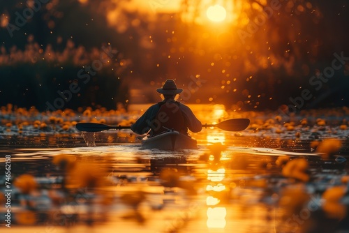 A serene image capturing a kayaker paddling through waterways covered with lily pads as the sun sets © svastix