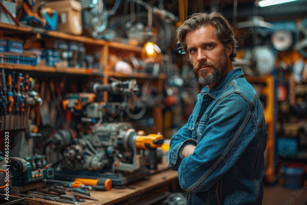 A confident looking man with arms crossed stands in a well-equipped workshop with machinery A confident looking man with arms crossed stands in a well-equipped workshop with machinery