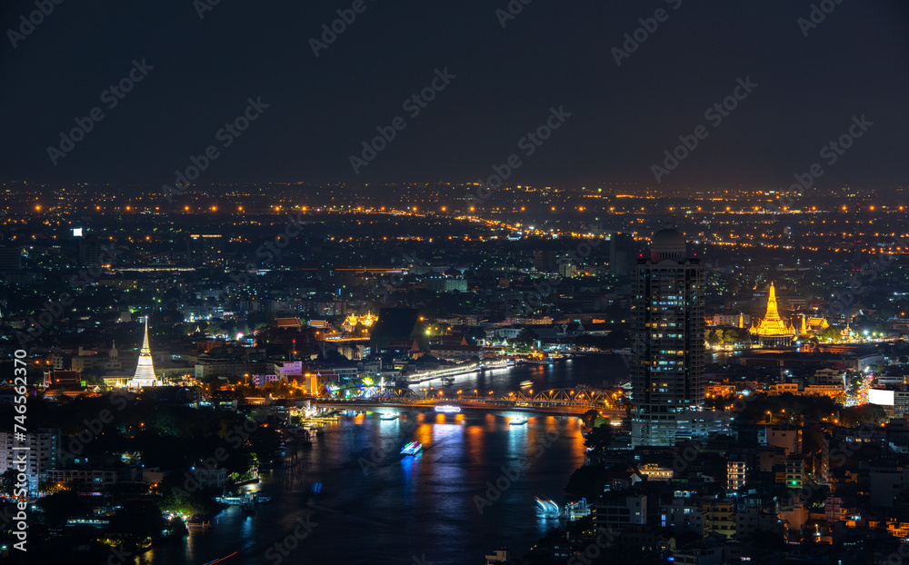 Amazing Bangkok City Chao Phraya River Landmark The top of the view art of culture at landmark in Thailand  in the evening view