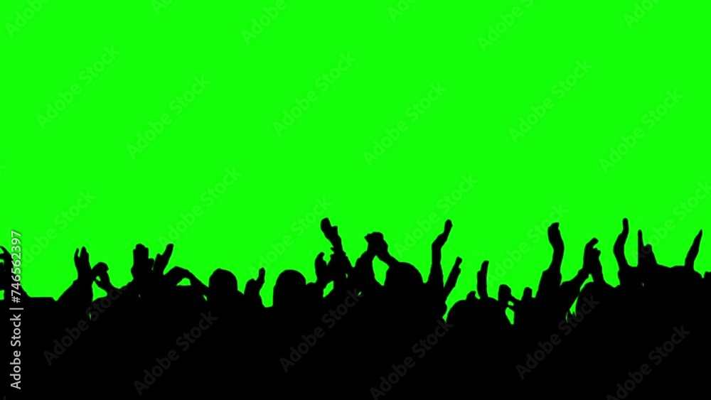 Crowd silhouette of people at a club concert or sports event on green screen for compositing and presentation. Crowd silhouette of people at a club concert or sports event on green screen for compositing and presentation.