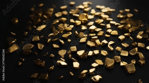 Pieces of gold are scattered on a black background.