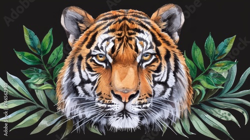 Majestic tiger gazing through lush dark tropical jungle foliage in the wild, wildlife concept