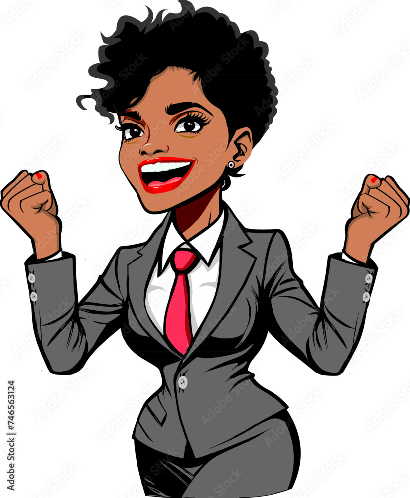 Happy African American business woman in a suit saying Yes! Celebrating victory, success, vector illustration Happy African American business woman in a suit saying Yes! Celebrating victory, success, vector illustration