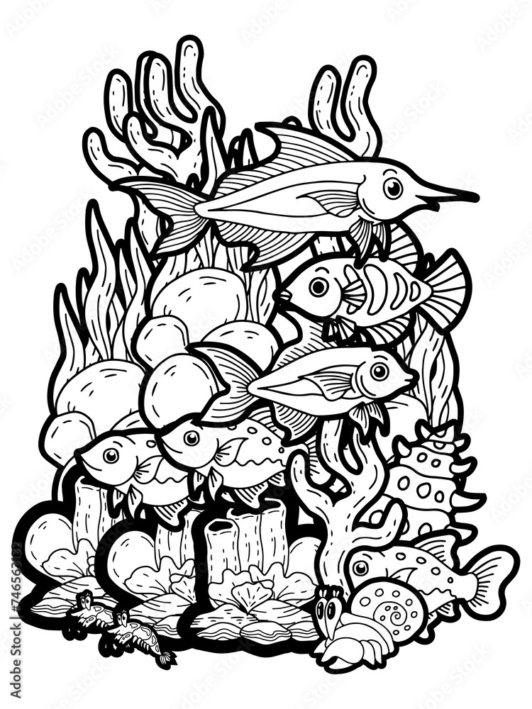 Obraz premium Design Coloring Page Ocean Coral Fish Doodle