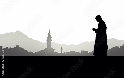 Silhouette of a Person Performing Tawaf around the Kaaba Isolated on White Background.
