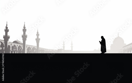 Silhouetted Person Around the Kaaba Isolated on White Background.