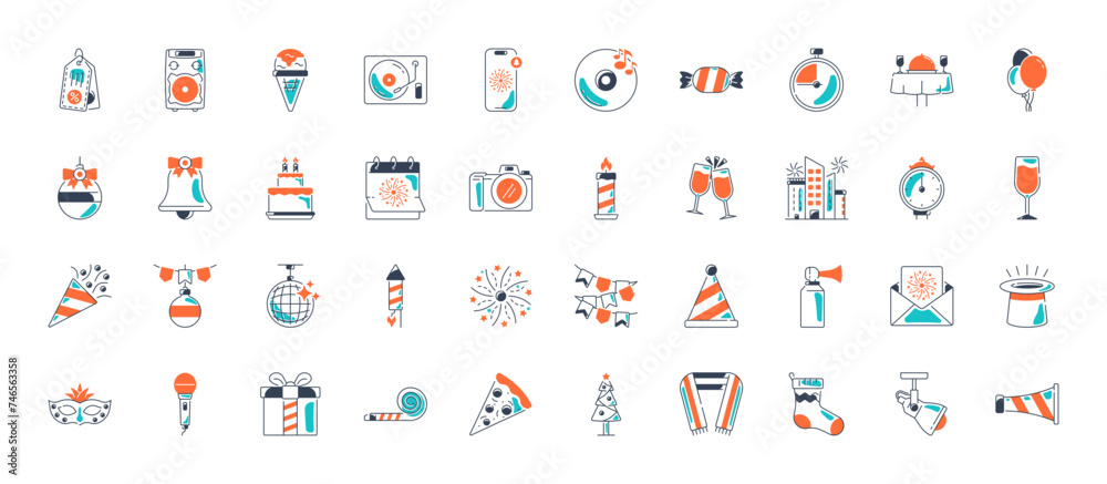 Naklejka premium Happy new year icon set. Included icons as celebrate, celebration, dancing, music, christmas, congrats vector illustration 